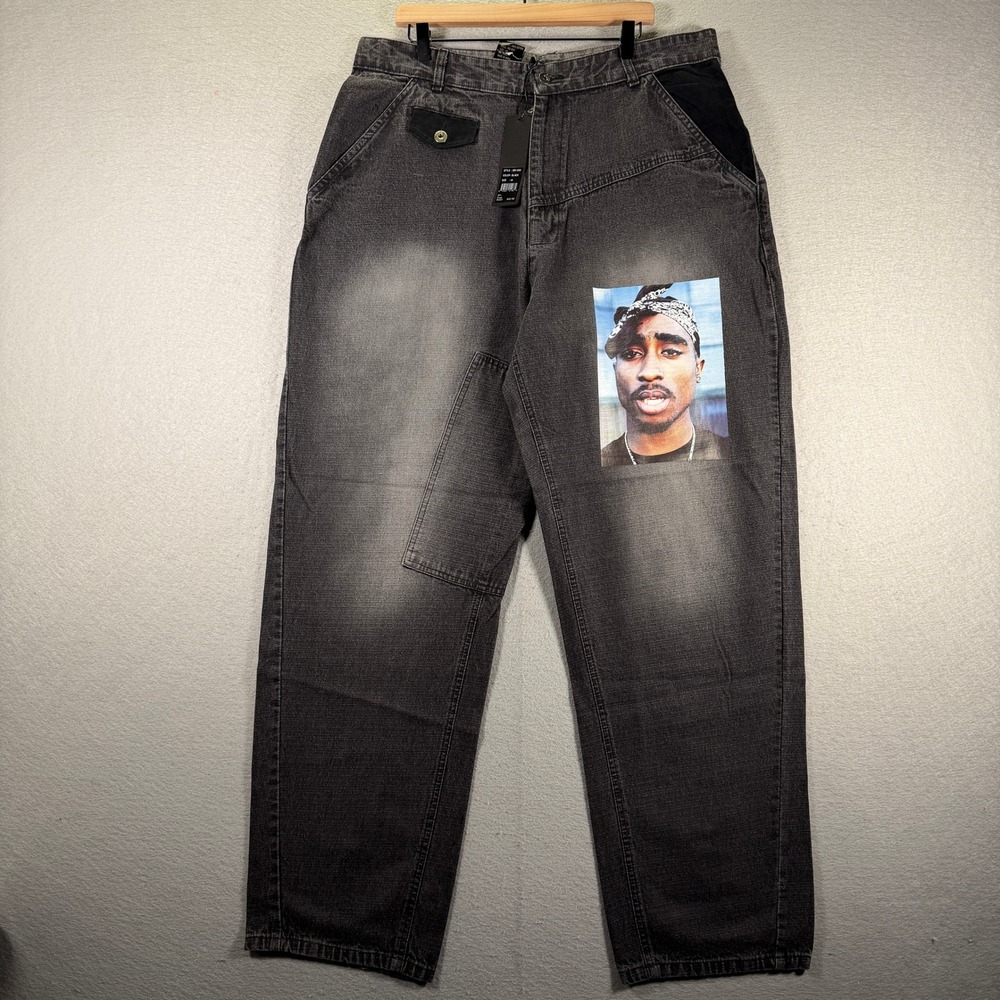 Vintage Makaveli Mens Black Wash Denim‎ Jeans Tupac Graphic Print Size 40 Y2K